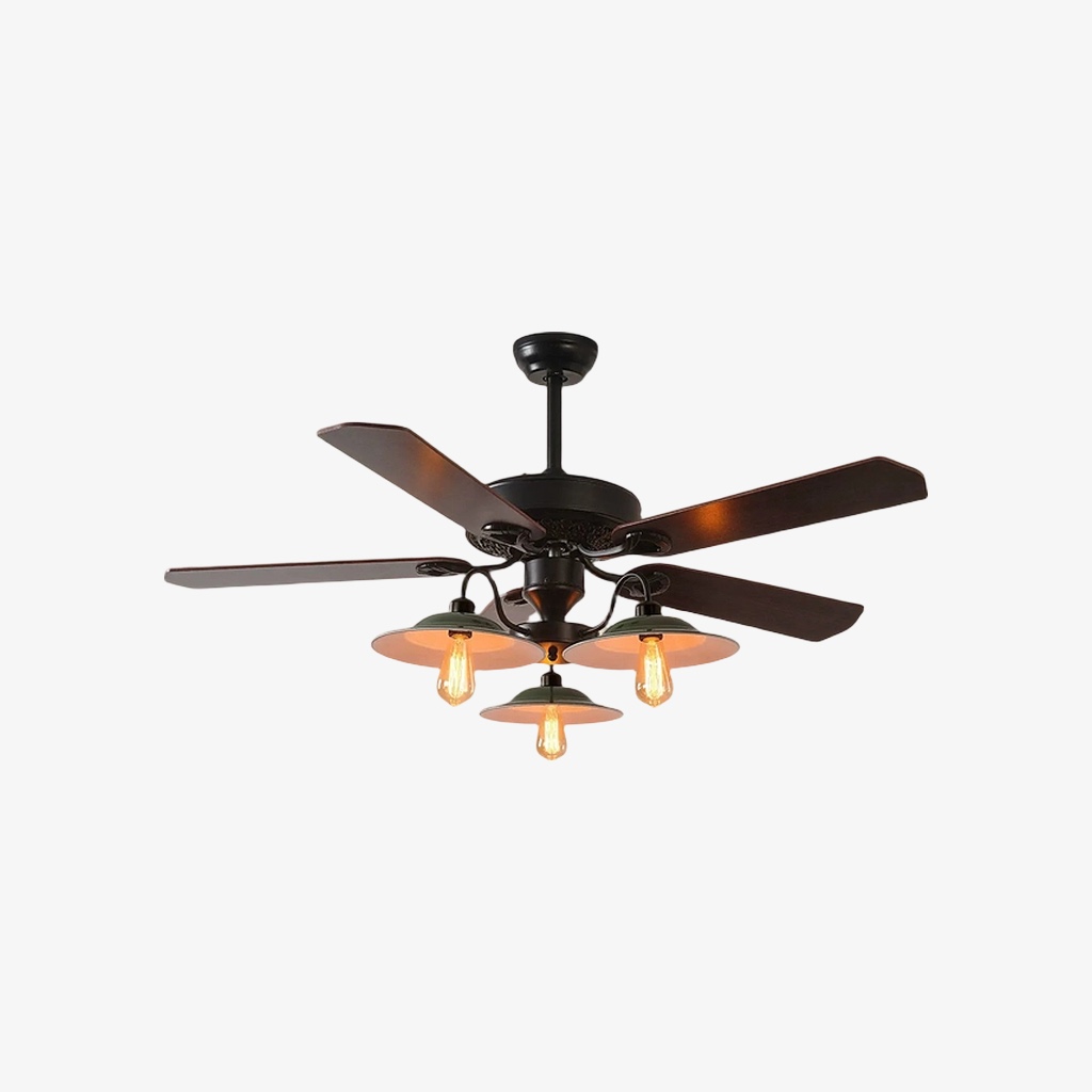 Industrielle Deckenventilatorleuchte mit 3 Leuchten und Holzflügeln