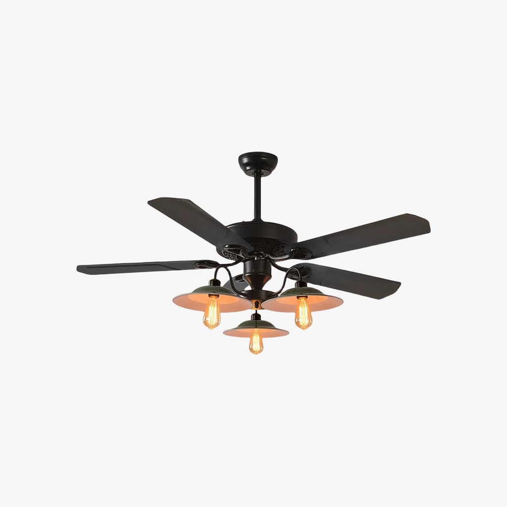 Industrielle Deckenventilatorleuchte mit 3 Leuchten und Eisenflügeln