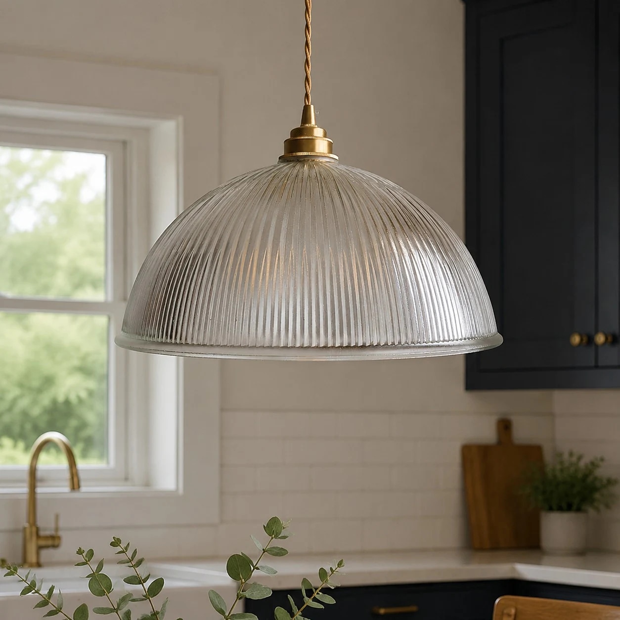 Clear ribbed glass pendant in a kitchen
